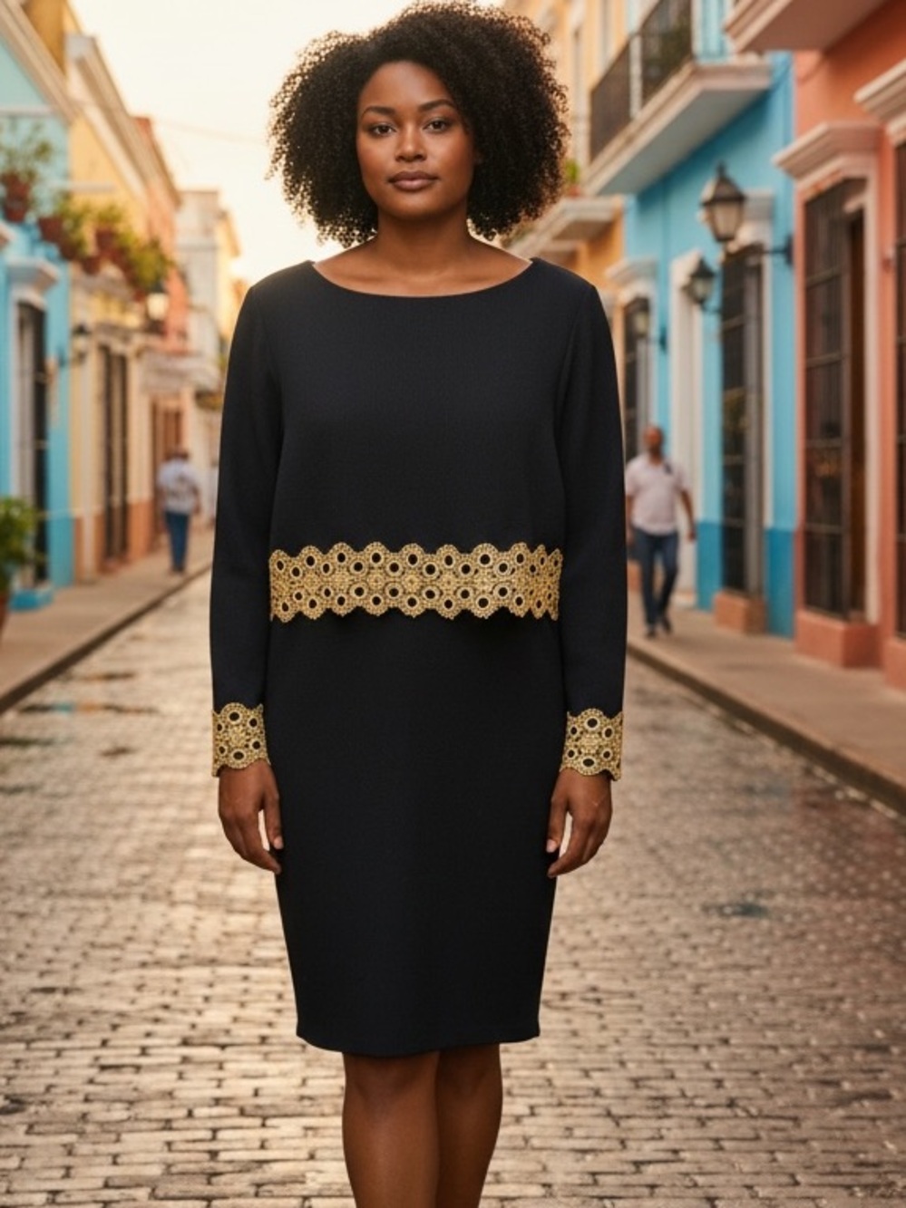 VTG Lisa Michaels Black Sheath Dress with Gold Guipure Lace Trim
